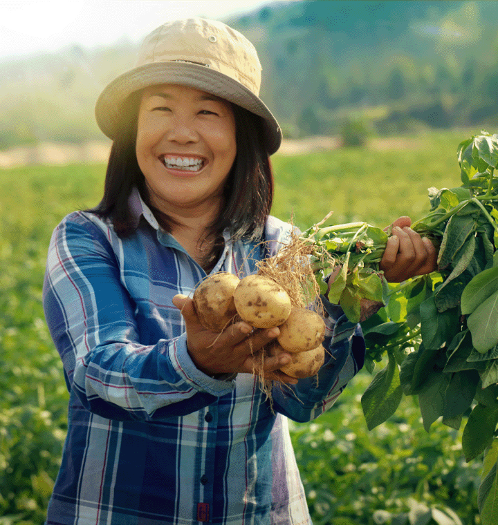 Female farmer holding freshly harvested potatoes in a field